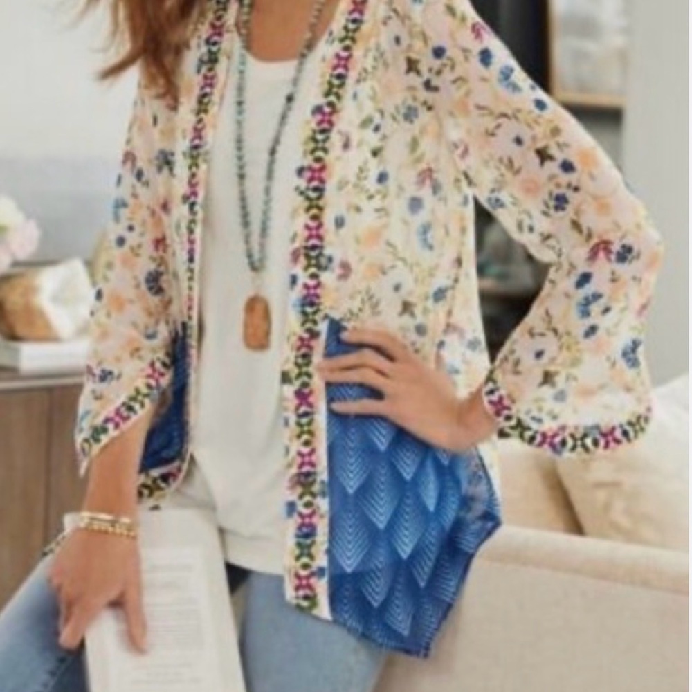 Soft Surroundings Embroidered Blue Floral Kimono Top, Small, Art Nouveau Boho - Picture 2 of 10